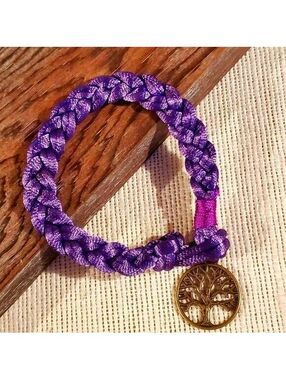Braided Royal Purple Silk Antique Brass Tree of Life Charm Button Bracelet